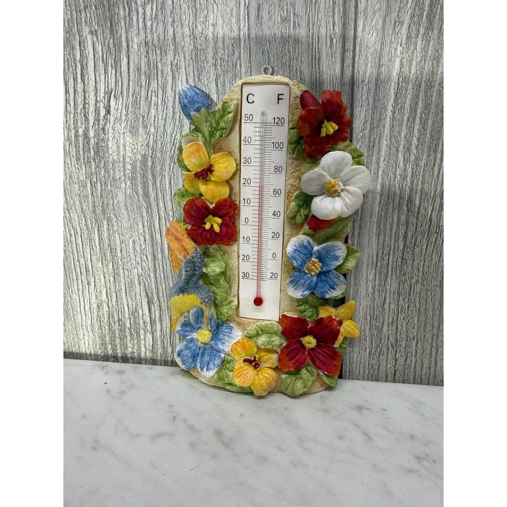 Coyne's & Company Floral Hummingbird Wall Thermometer Handpainted 3D Resin D6666
